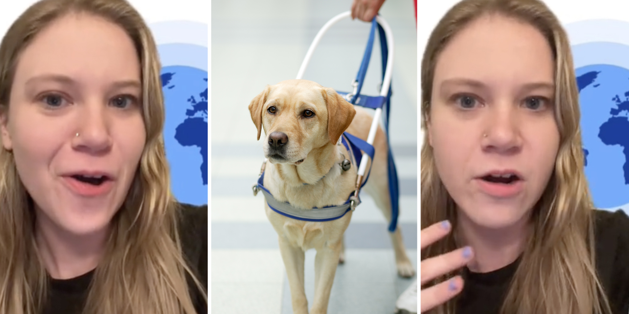 Woman talking(l+r), Seeing eye dog(c)