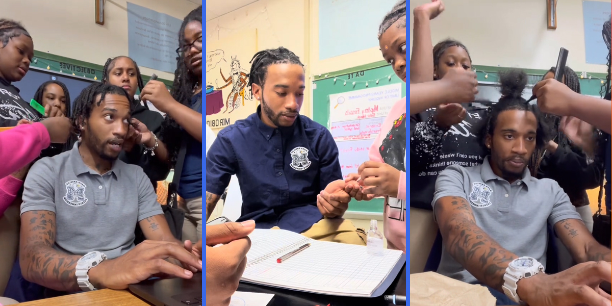 teacher with students braiding his hair (l) teacher with students painting his nails (c) teacher with students braiding his hair (r)