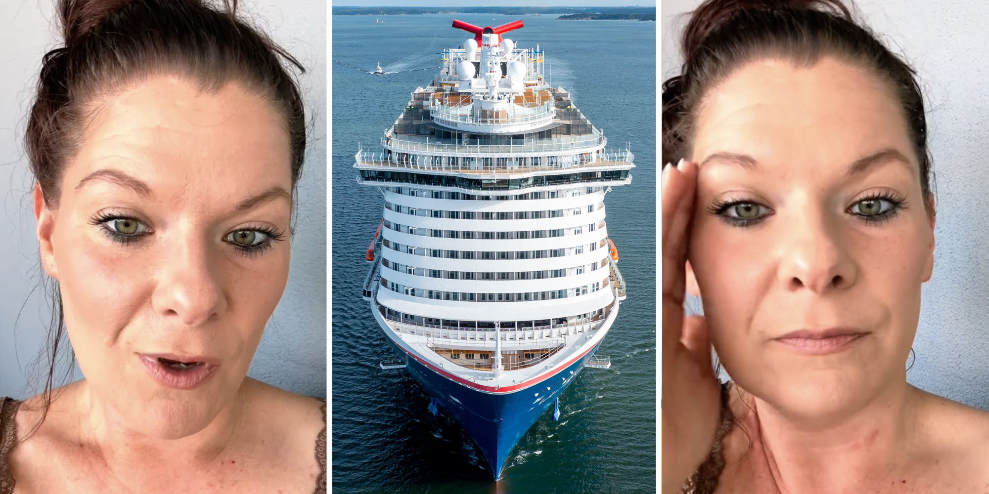 Woman talking(l+r), Carnival Cruise(c)