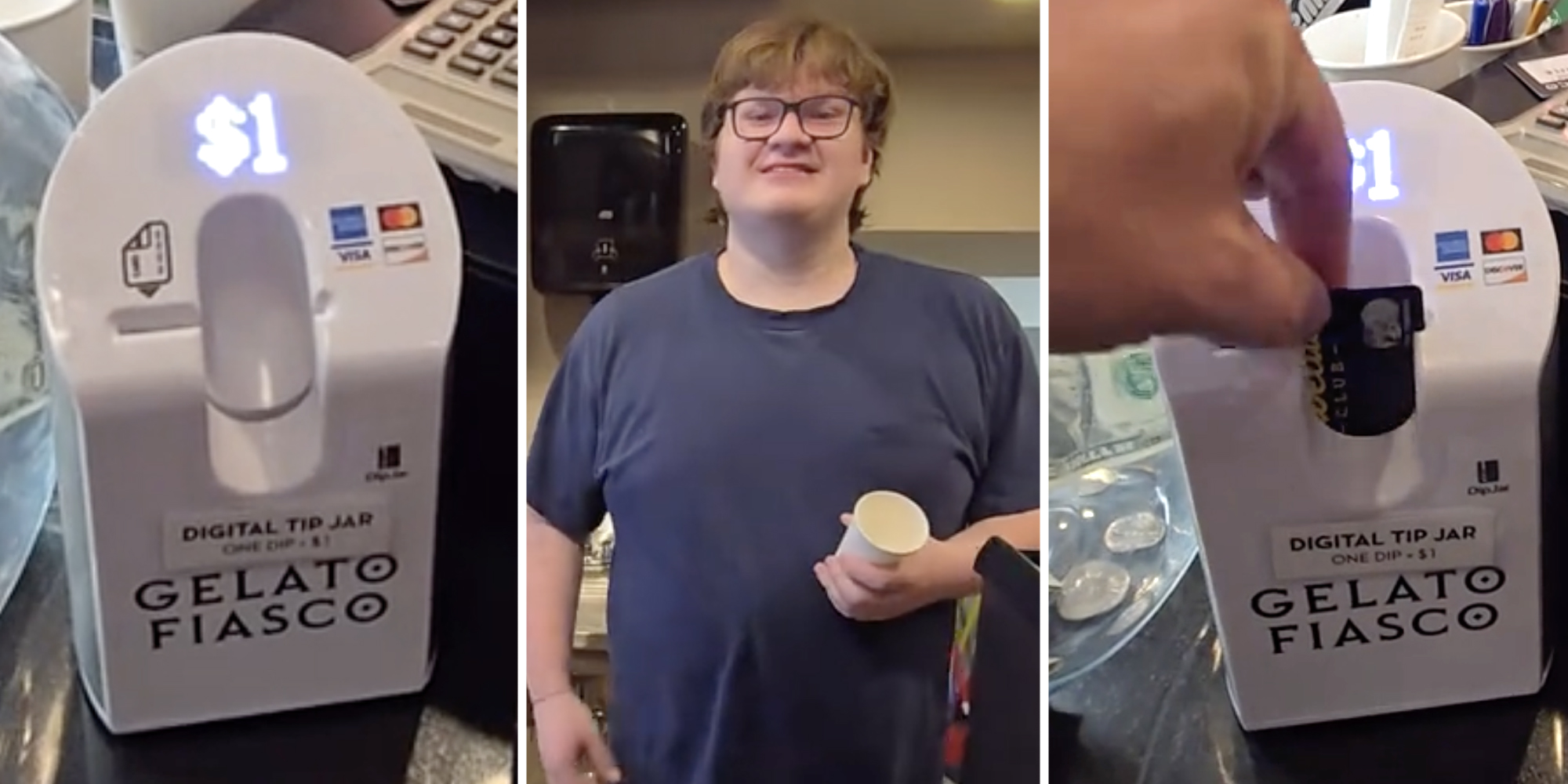 Cashless tip machine(l+r), Man smiling(c)