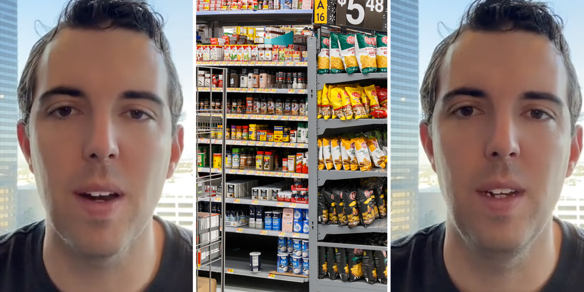 Man talking(l+r), Grocery market shelves(c)
