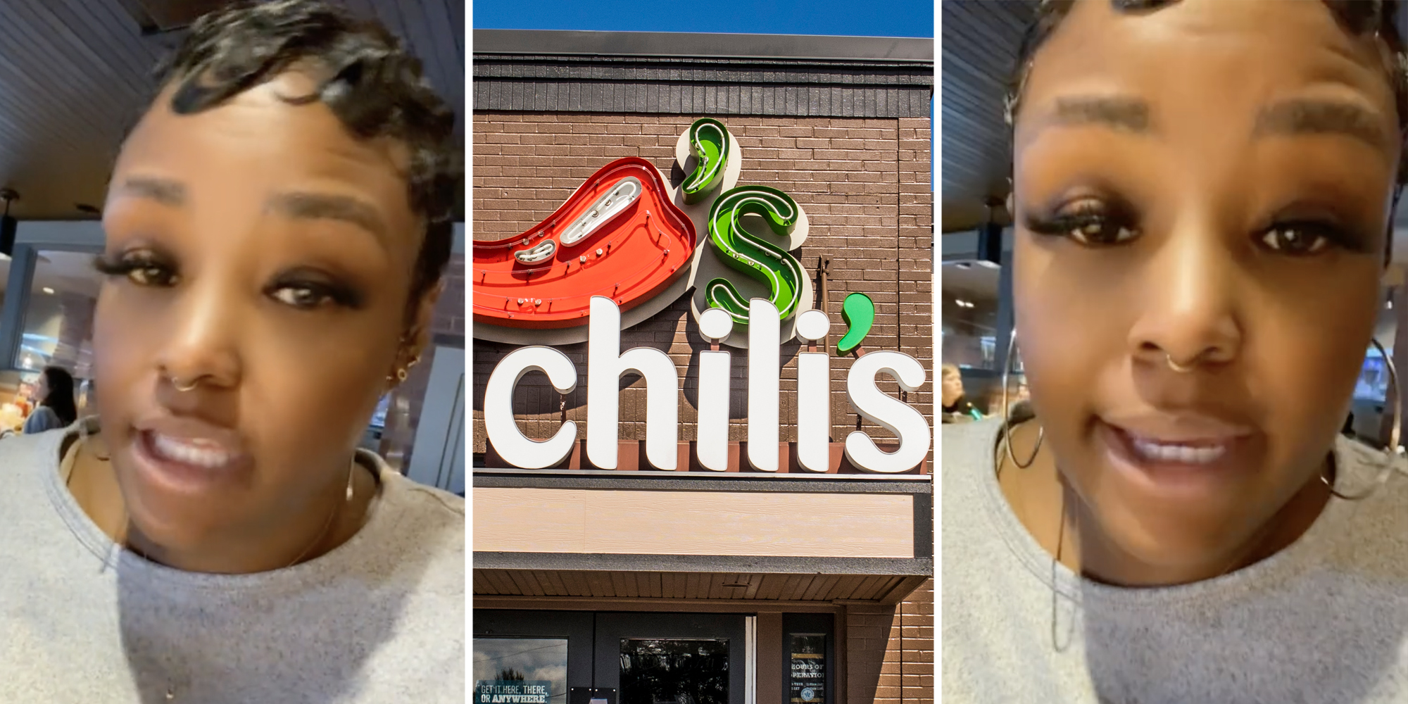 Woman talking(l+r), Chilis(c)