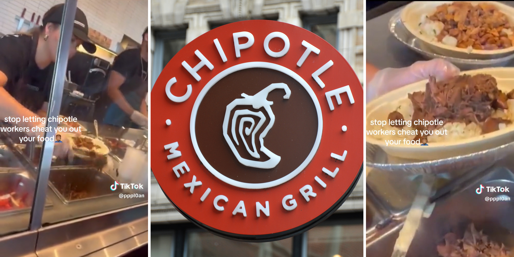 chipotle worker with caption "stop letting chipotle workers cheat you out your food" (l&r) chipotle sign (c)