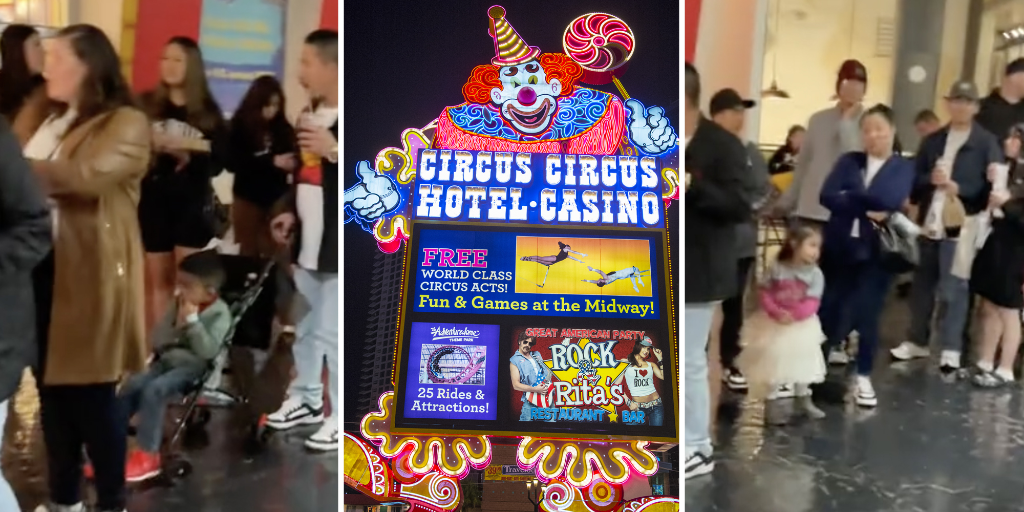 People waiting on line(L+r), Circus Circus hotel sign(c)