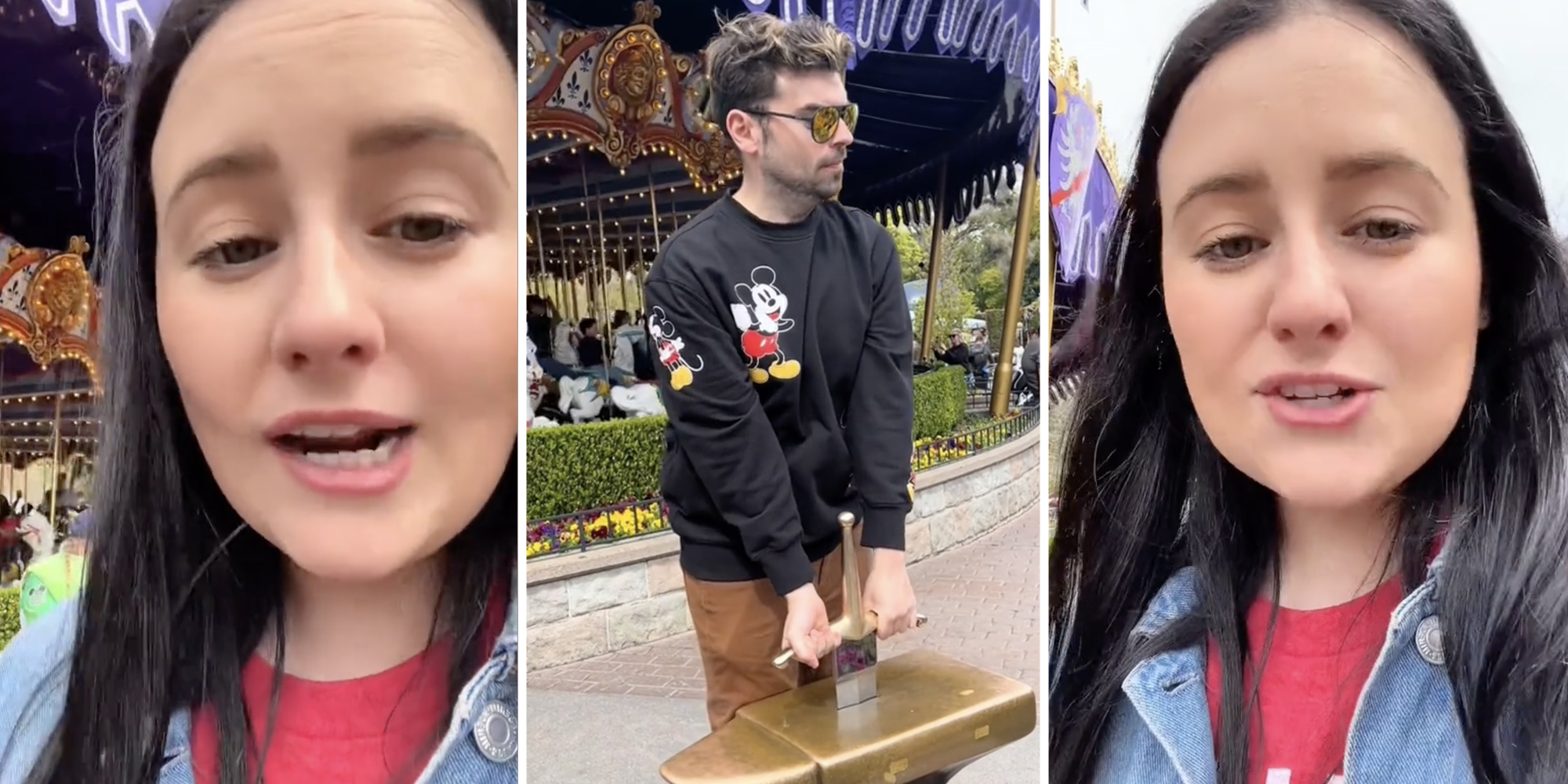 Woman talking(l+r), Man trying to pull the sword out of the stone(c)