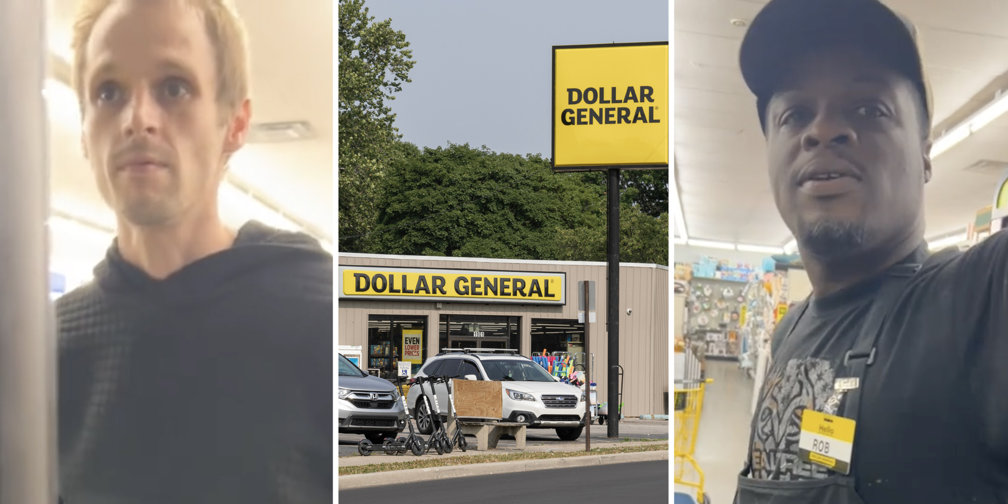 Man staring(l), Dollar General(c), Second man talking(r)