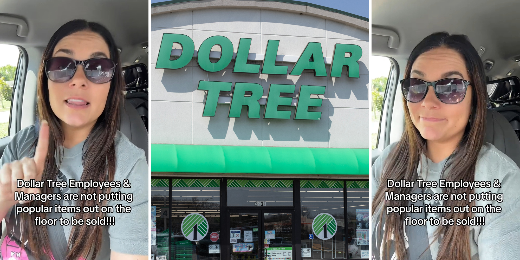 woman in car with caption "Dollar Tree Employees & Managers are not putting popular items out on the floor to be sold!!!" (l&r) Dollar Tree sign (c)