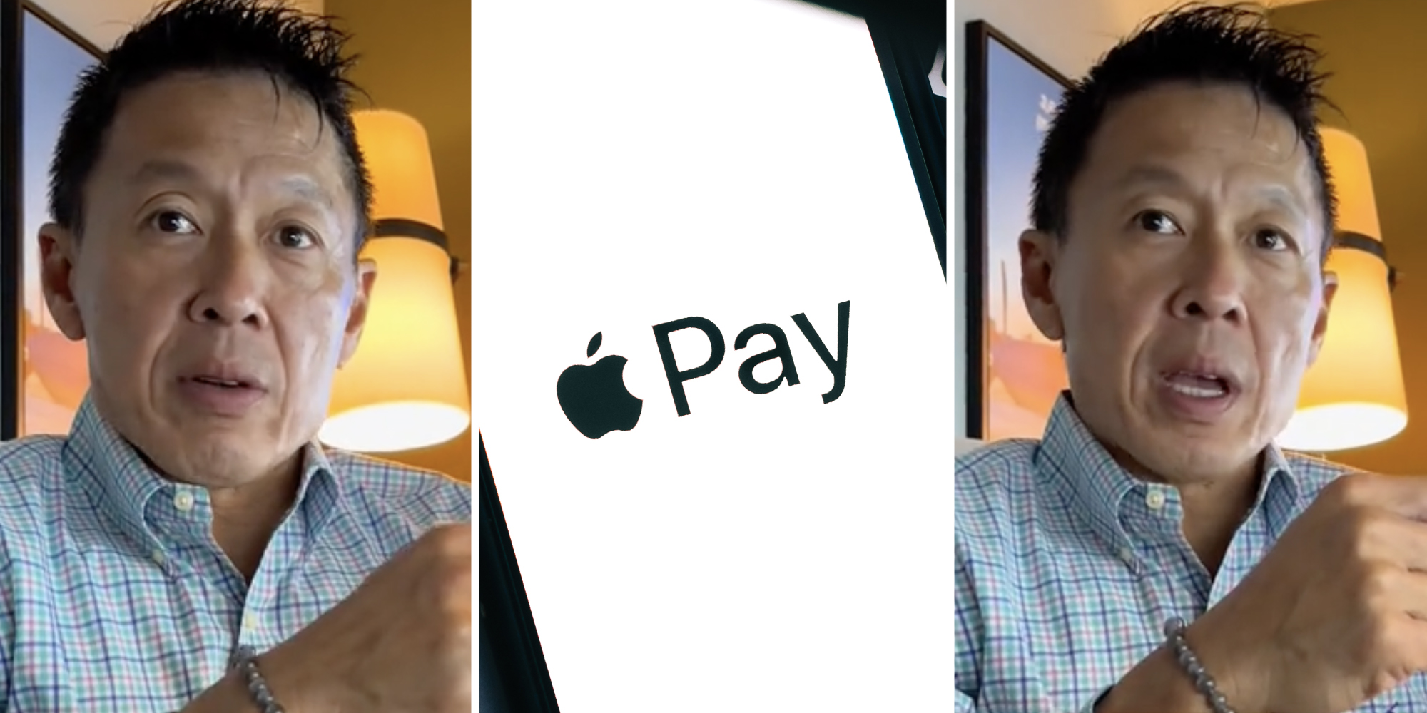 Man talking(l+r), Apple pay app(c)
