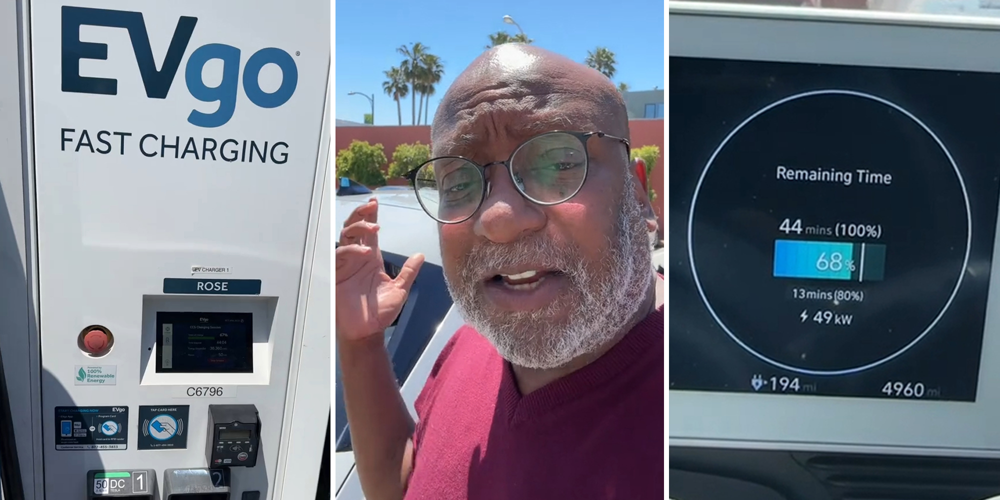 EVgo charging station (l) man outside car (c) battery charging indicator reads "remaining time 44 mins (100%), a rectangle with 68% inside it, 13 mins (80%) 49kW (r)