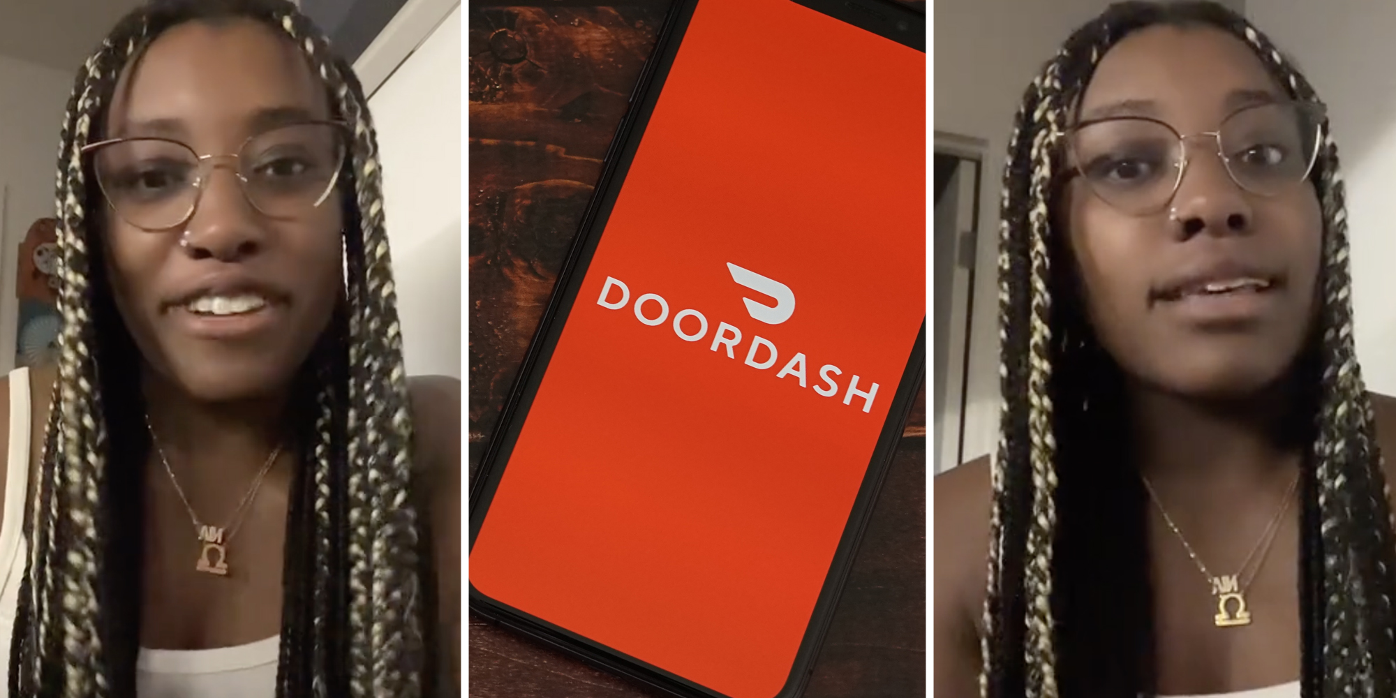 Woman talking(l+r), Phone with doordash app(c)