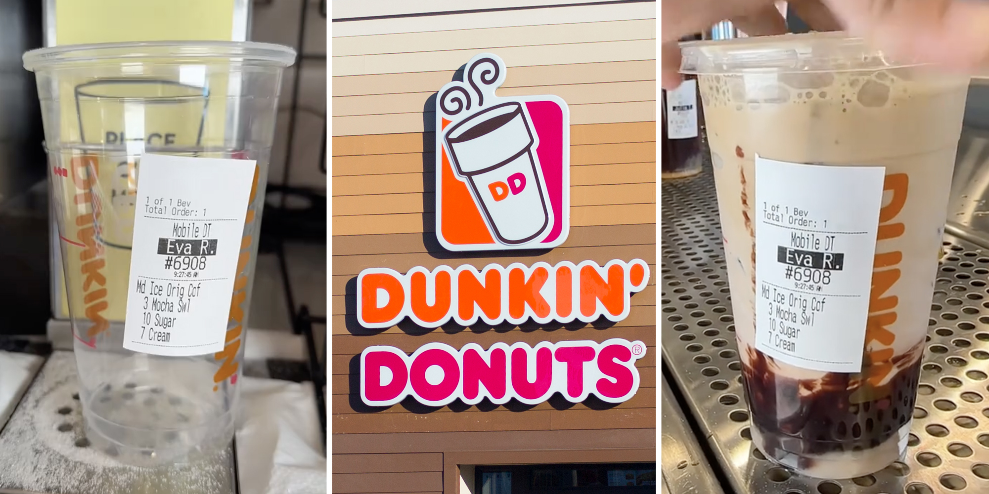 Empty cup(l), Dunkin Donut's sign(c), Full cup(r)
