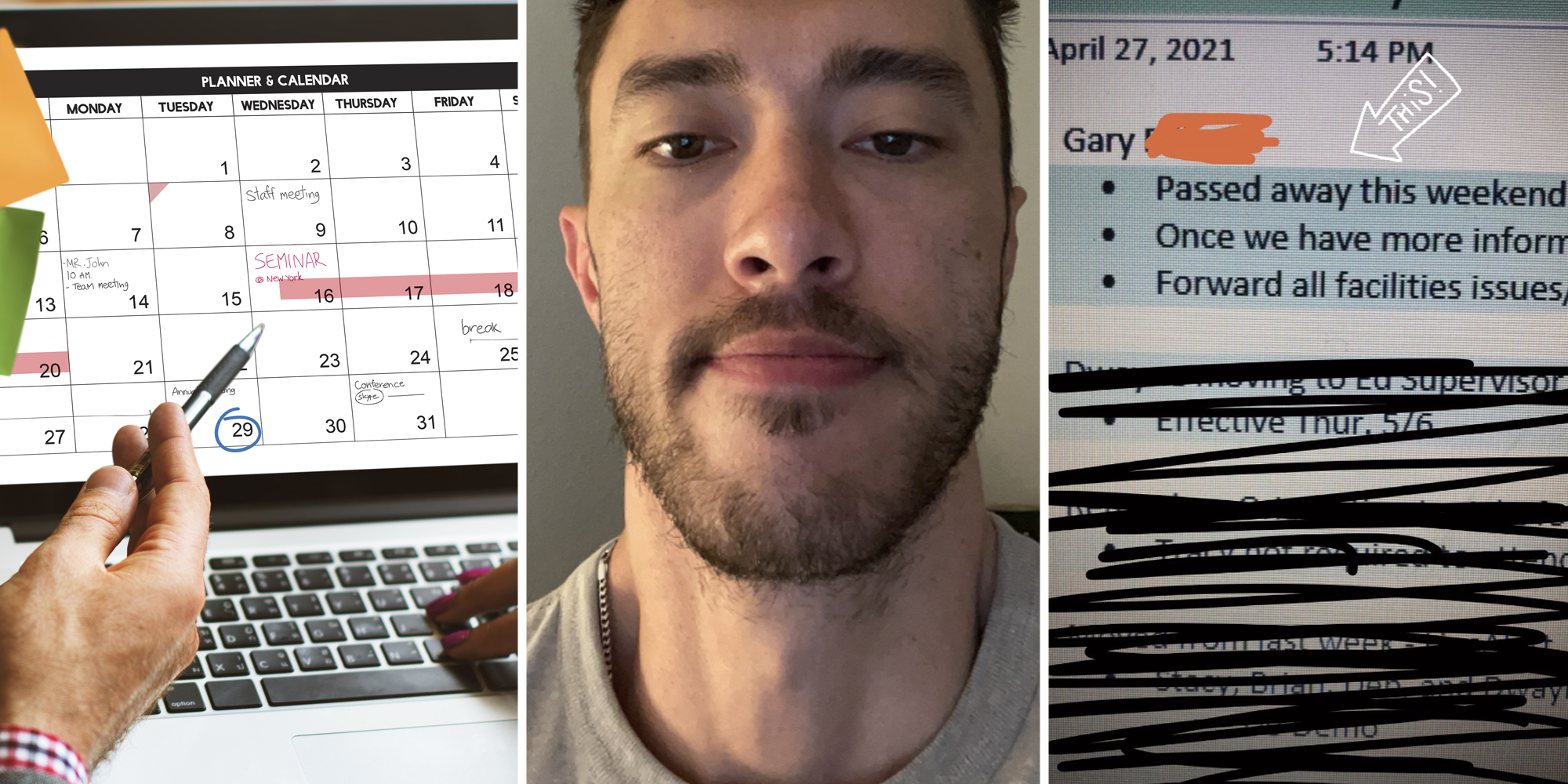 Hands pointing at calendar(l), Man (c), Agenda(r)