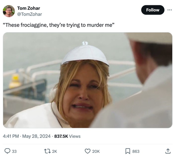 frociaggine meme featuring Jennifer Coolidge from White Lotus saying "These frociaggine, they're trying to murder me."