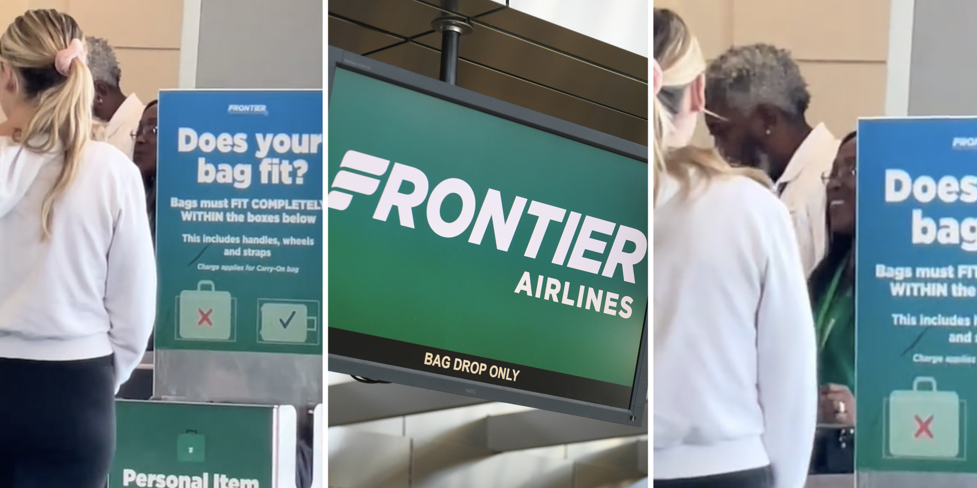 Woman at baggage check counter(l+r), Frontier Airlines baggage sign(c)