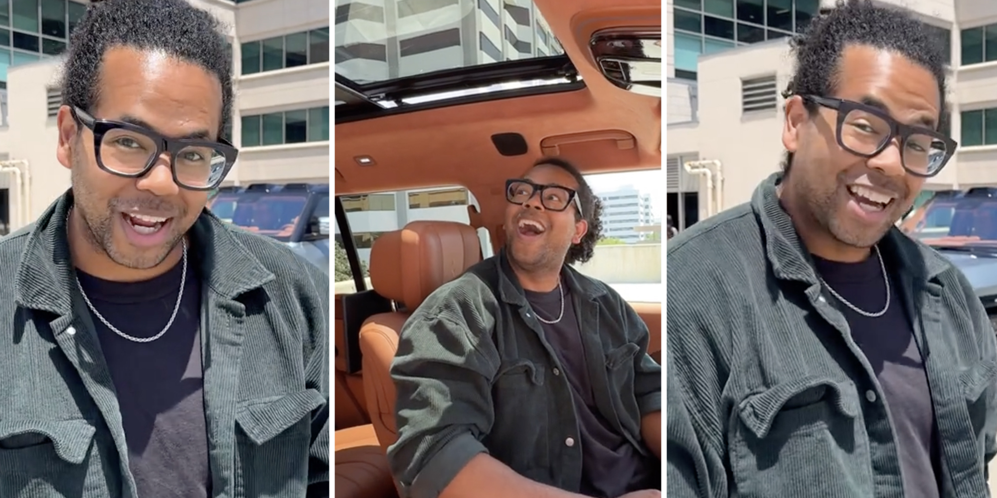 Man talking(l+r), Man showing off sunroof(c)