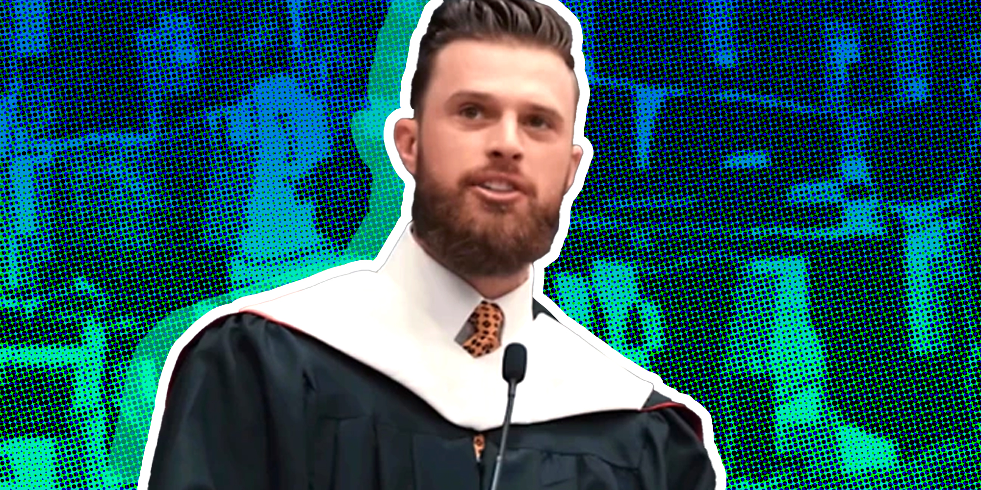 Harrison Butker speech in graduation robe in front of abstract background