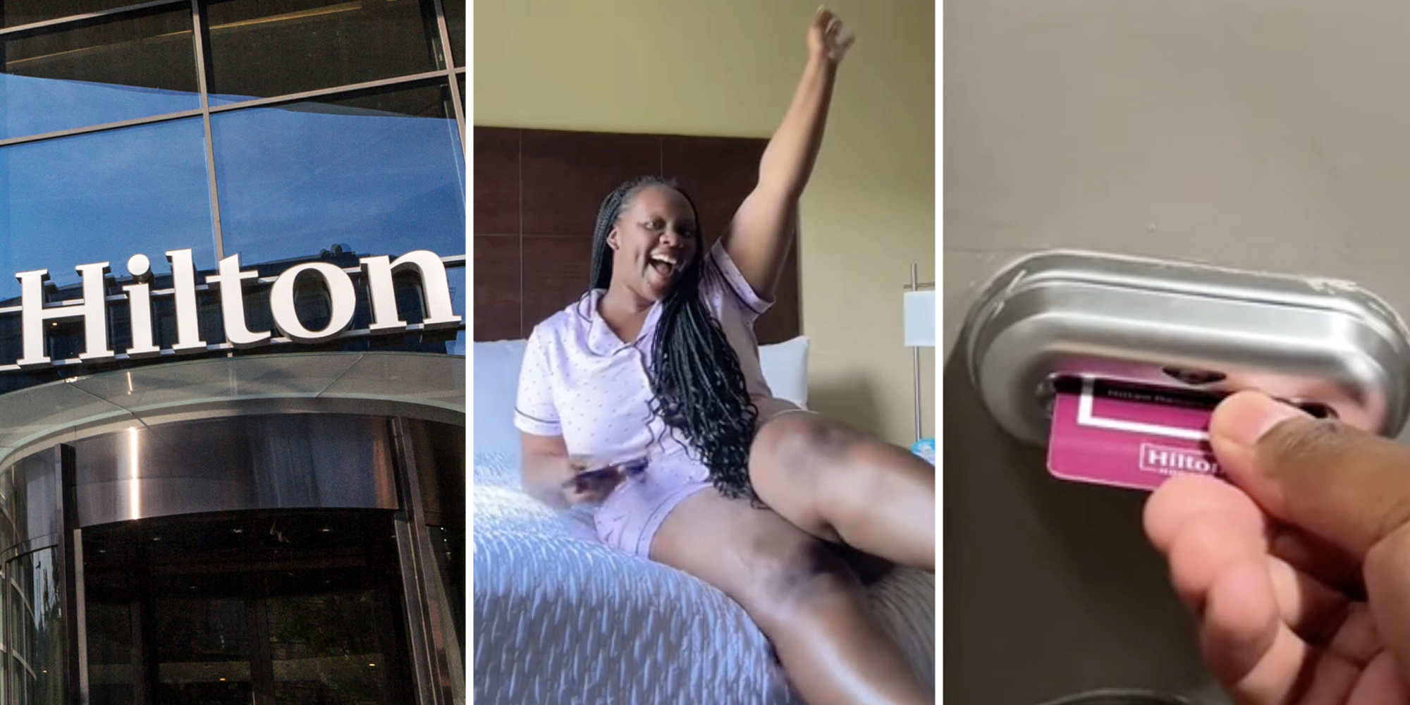 Hilton hotel(l), Woman on bed(c), Room key being inserted(r)