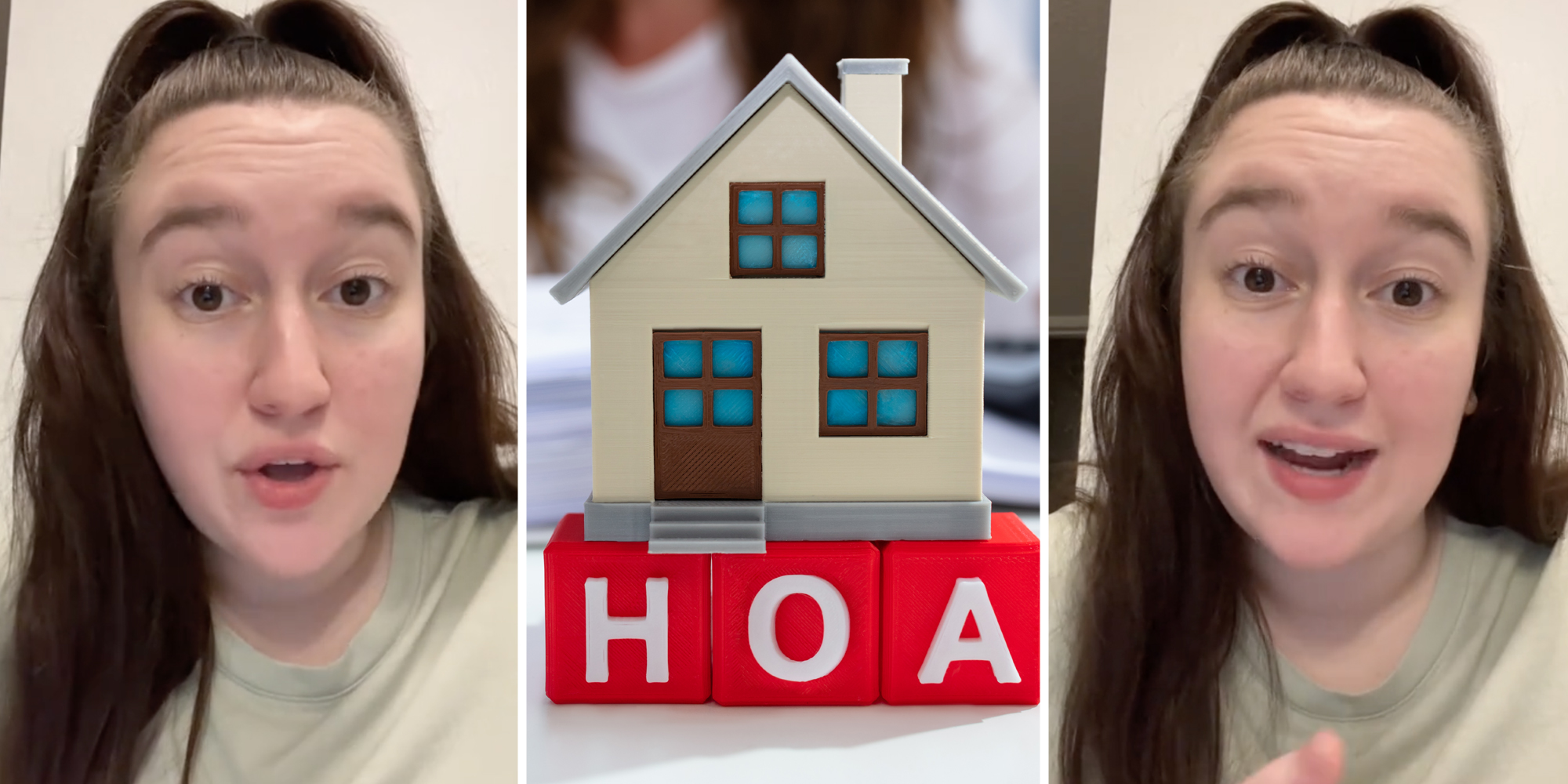 Woman talking(l+r), HOA graphic(c)