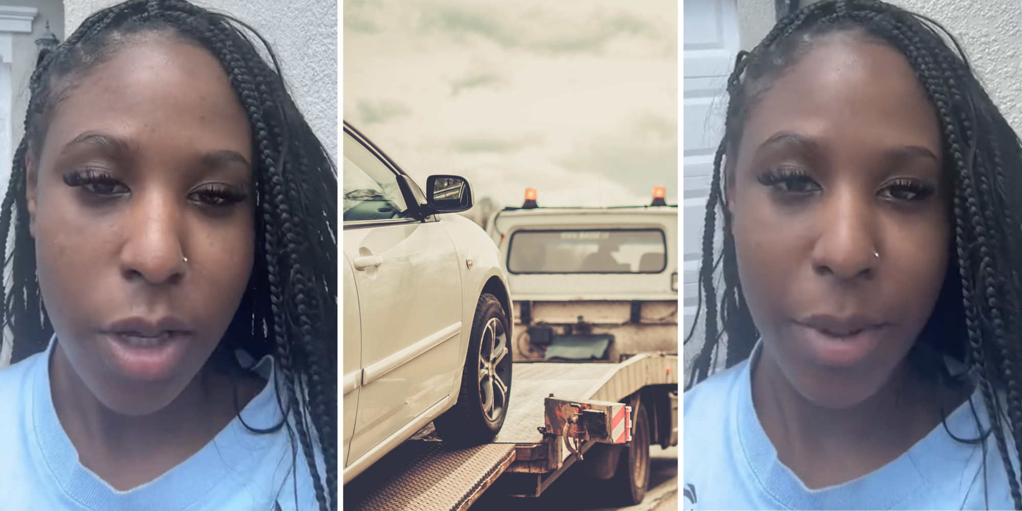 Woman talking(l+r), Tow Truck with car(c)