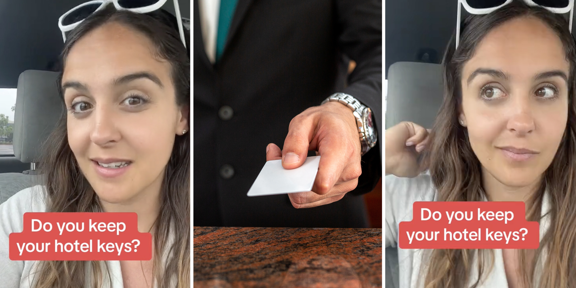 Woman talking(l+r), hand holding hotel card(c)