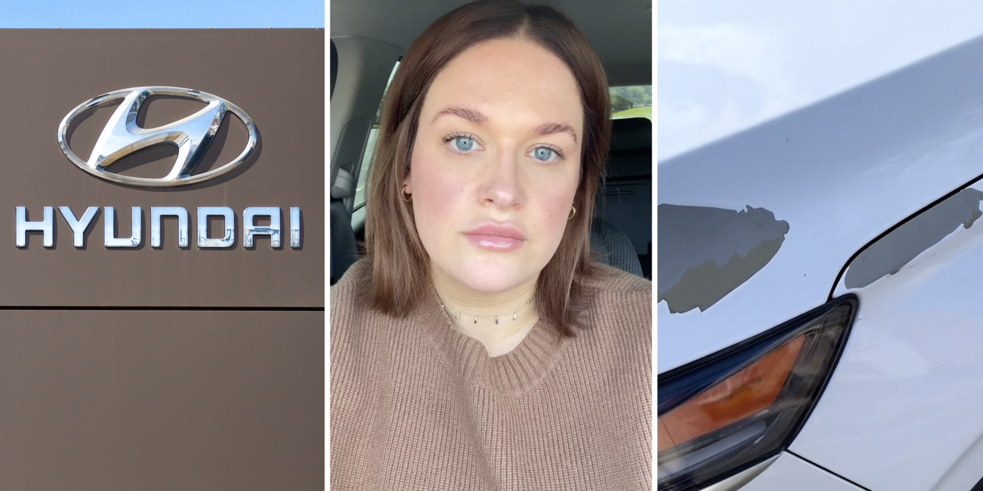 Hyundai sign(l), Woman(c), Peeling paint on car(r)