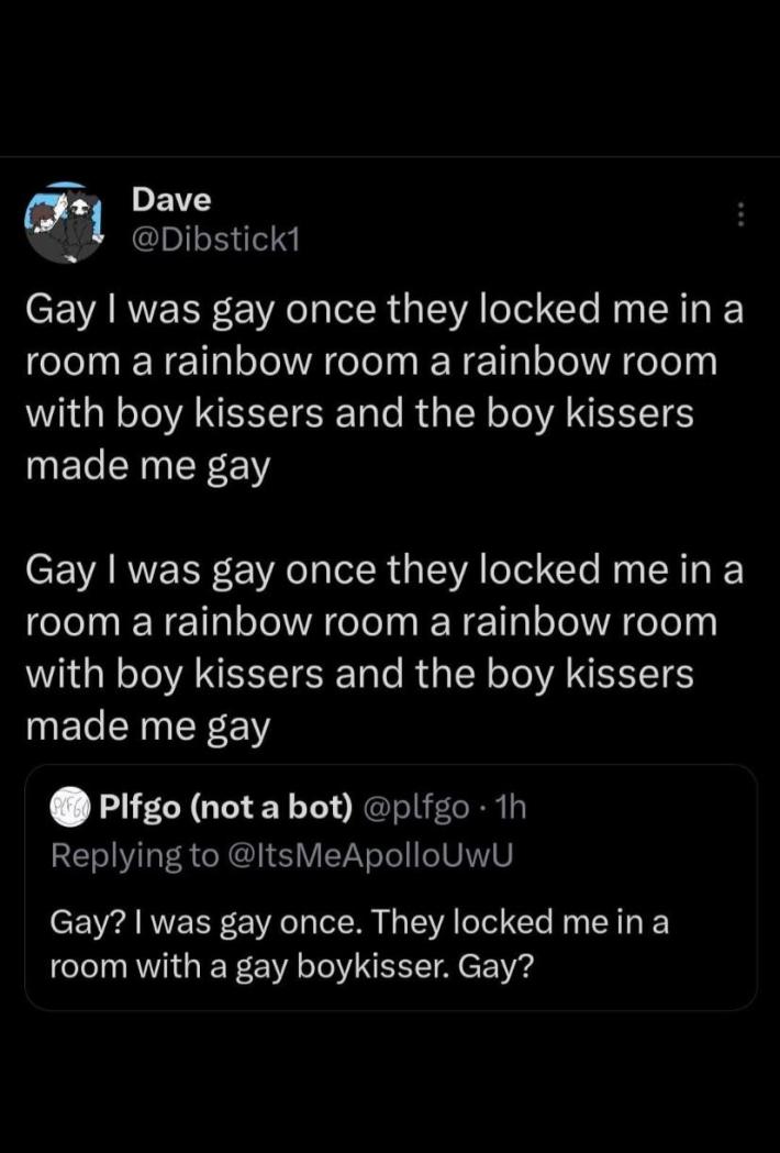 "gay? I was gay once" play on "crazy? i was crazy once" copypasta