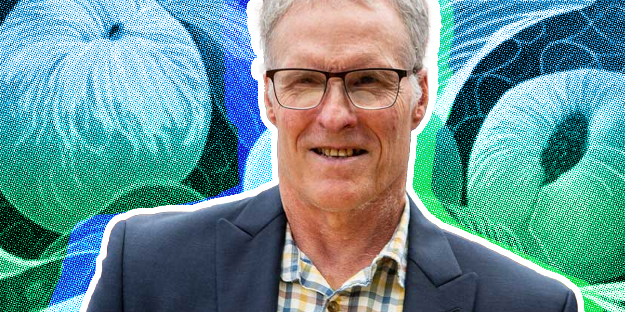 Jeff Criswell in front of Peach graphic