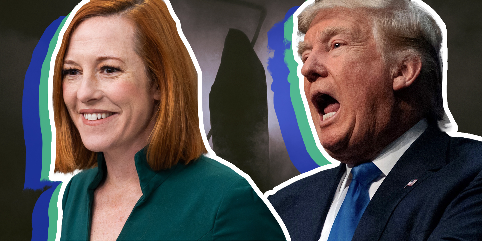 Jen Psaki and Donald Trump in front of grim reaper