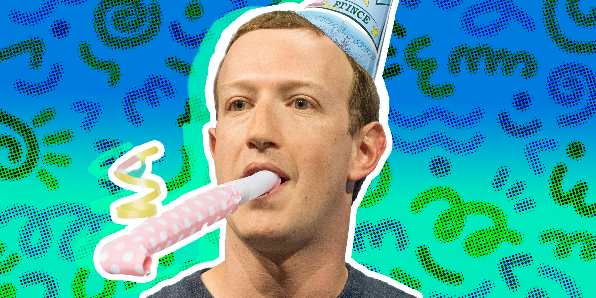 Mark Zuckerberg with a party hat and blower with abstract background