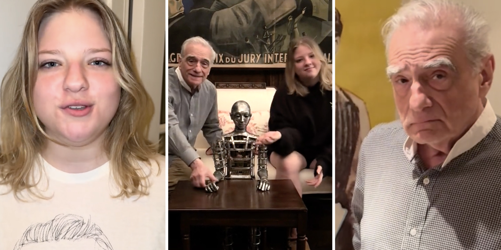 Martin Scorsese's daughter(l), Martin and his daughter posing with statue(c), Martin Scorsese(r)