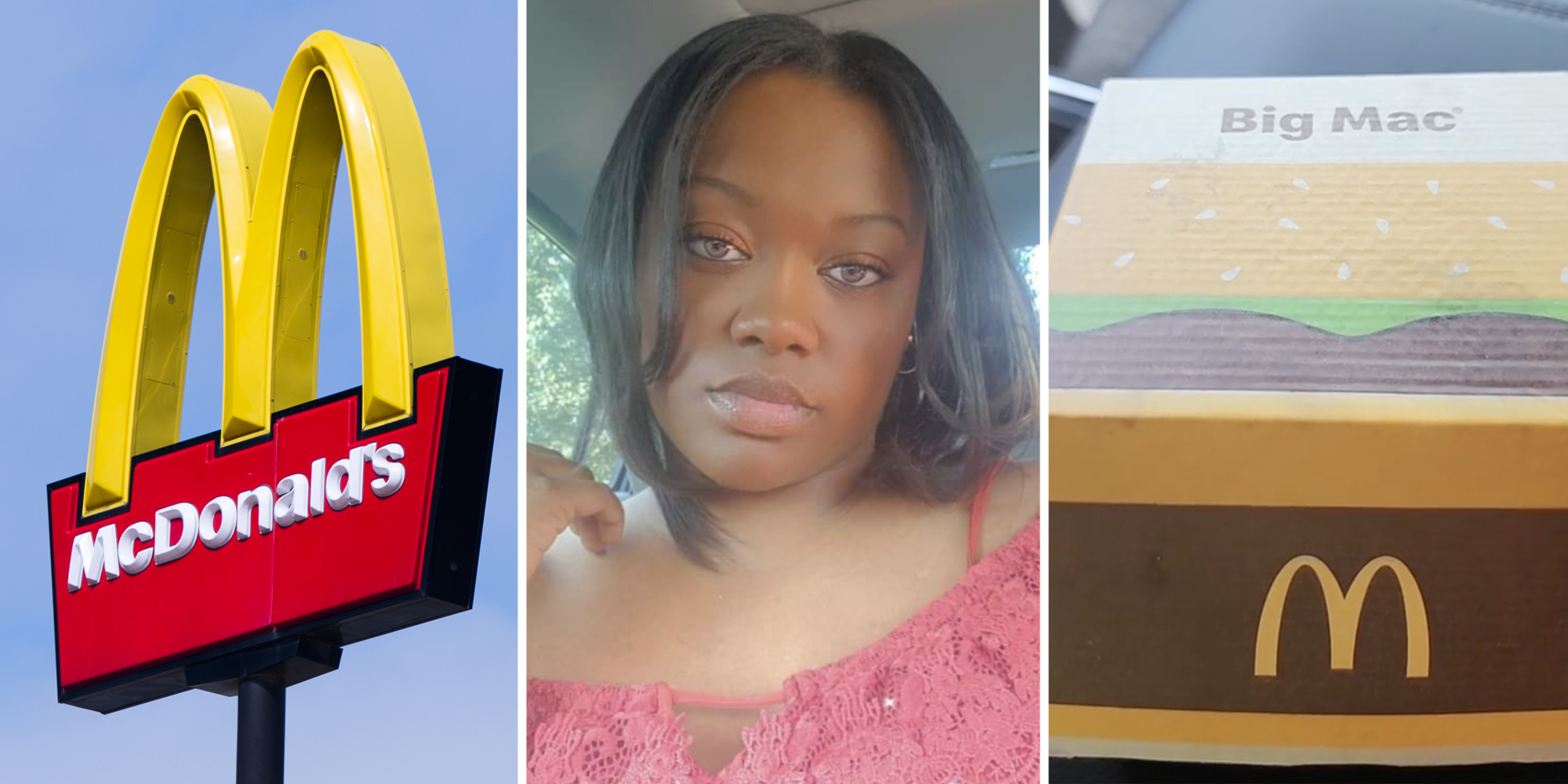 McDonald's sign(l), Woman staring at camera(c), Big Mac box(r)