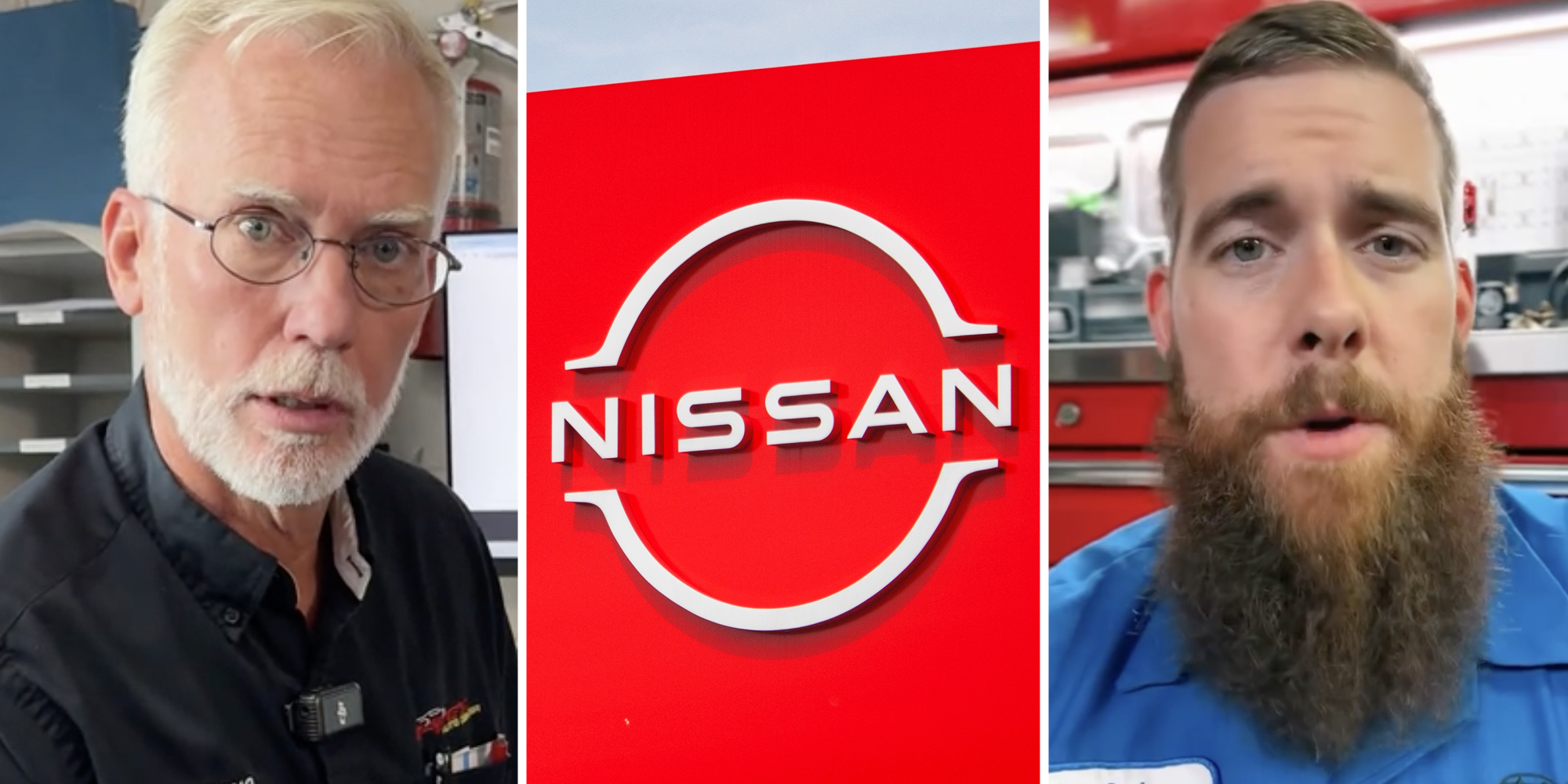 Man one talking(l), Nissan sign(c), Man two talking(r)