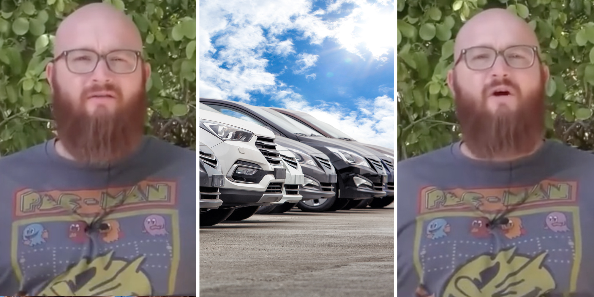 Man talking(L+r), Row of cars(C)