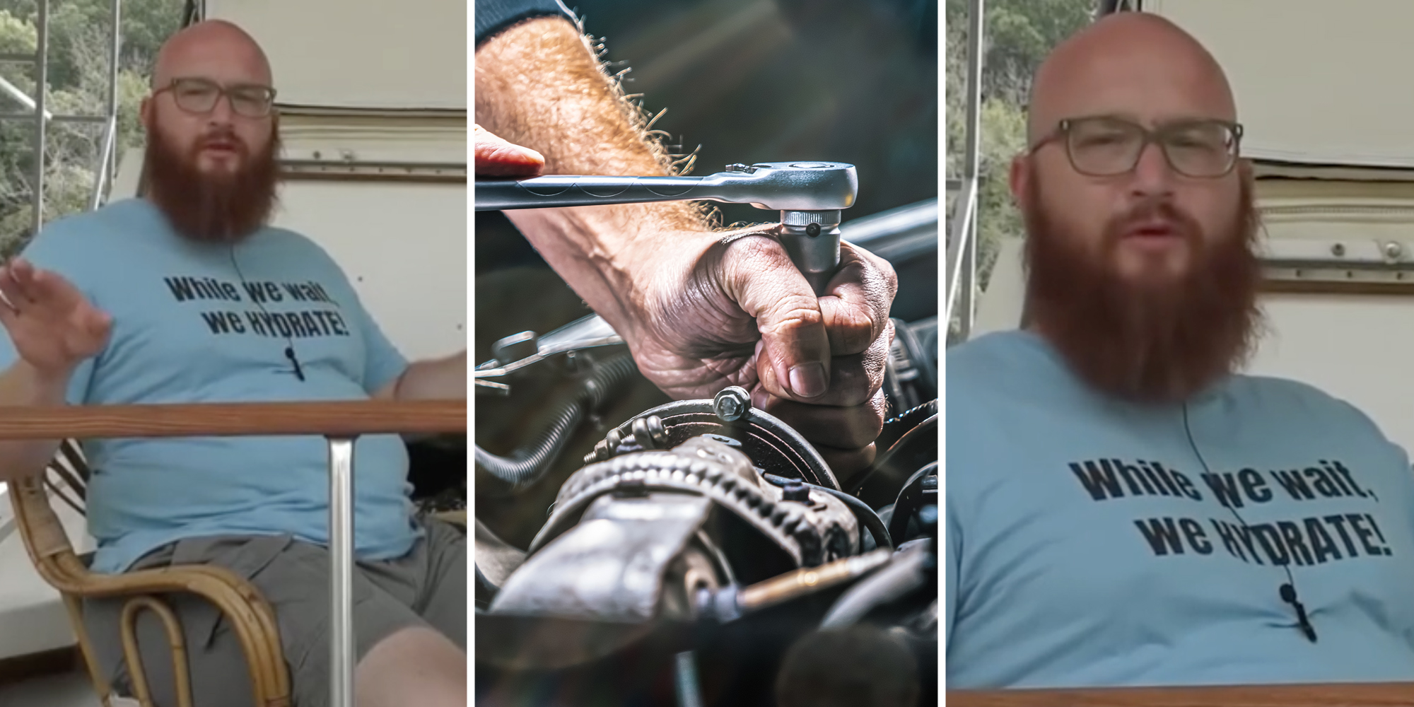 Man talking(l+r), Mechanic using tools on engine(c)