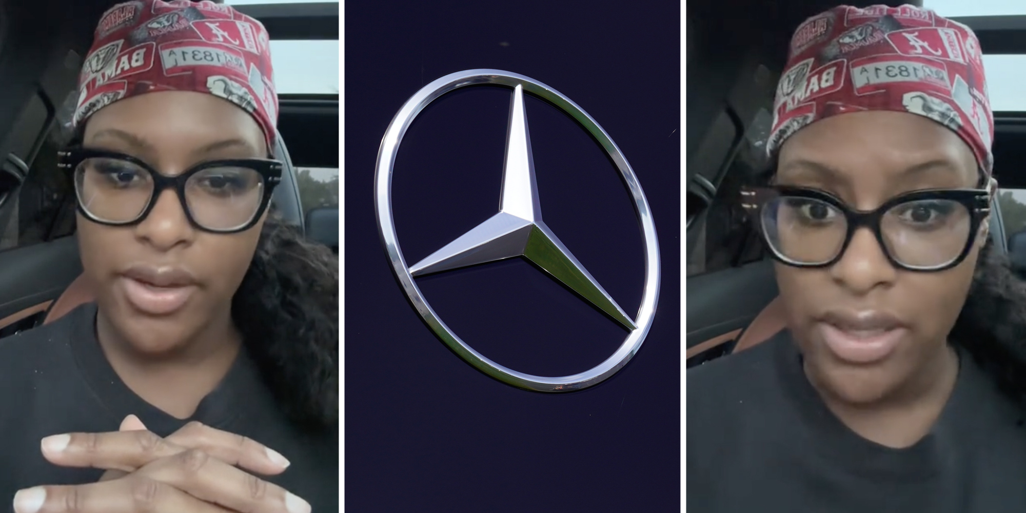 Woman talking(l+r), Mercedes Benz Logo(c)