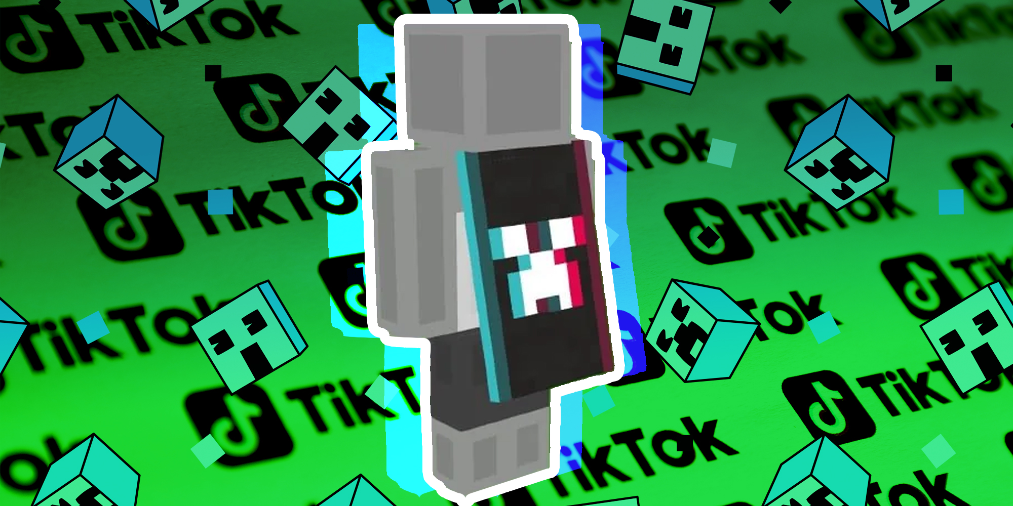 Minecraft tiktok cape and tiktok and minecraft logos in the background