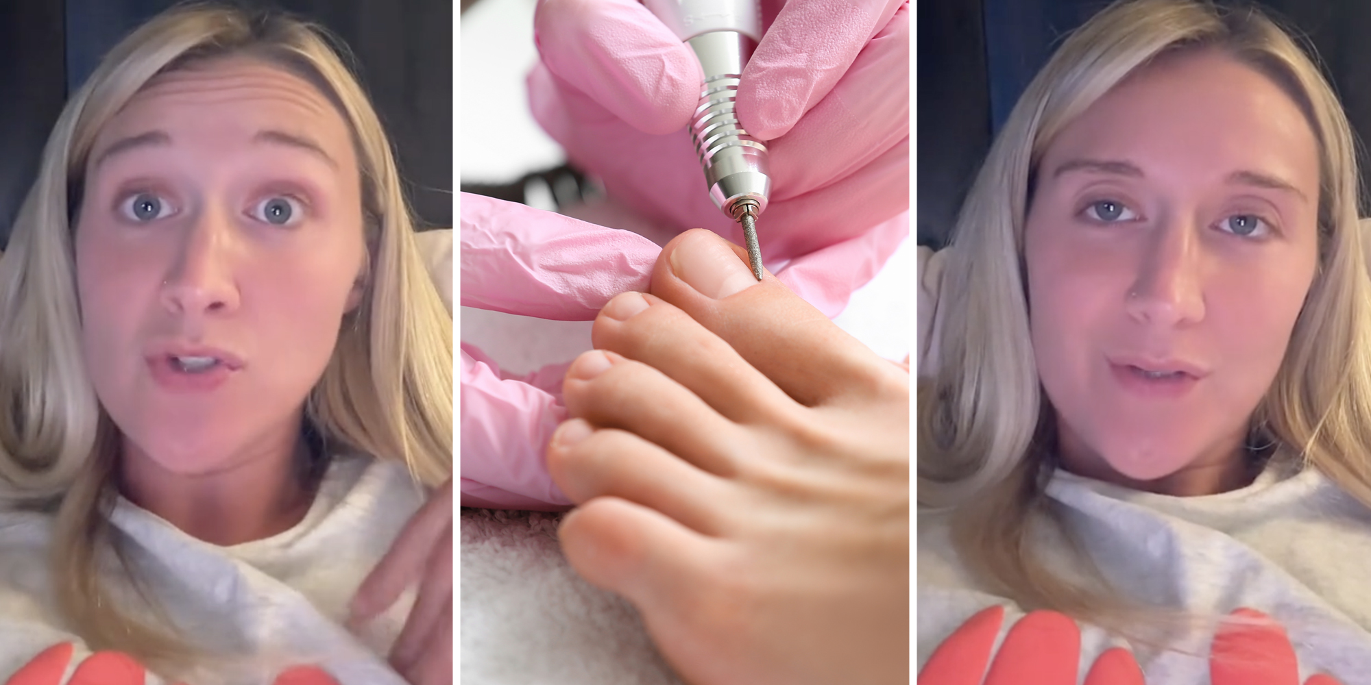 Woman talking(l+r), Gloved hands giving a foot a pedicure(c)