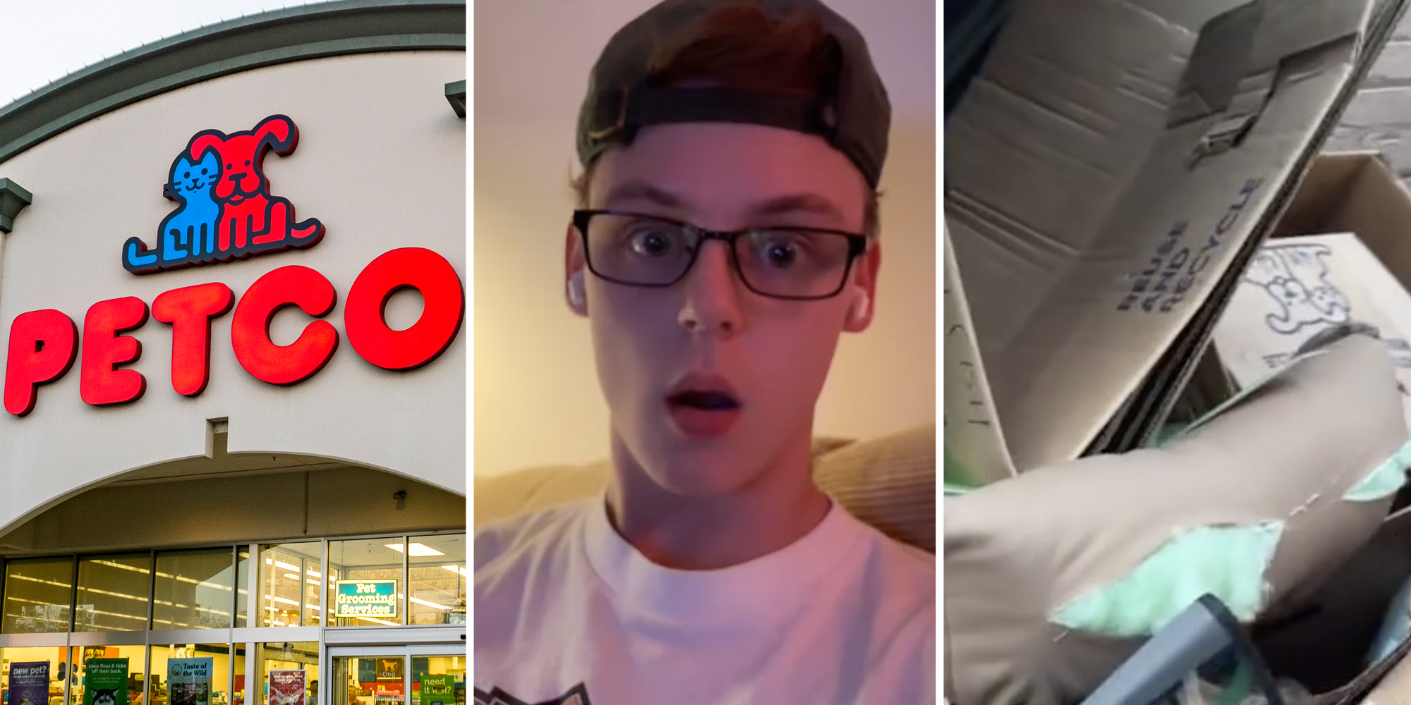 Petco(l), Man talking(c), Filled dumpster(r)