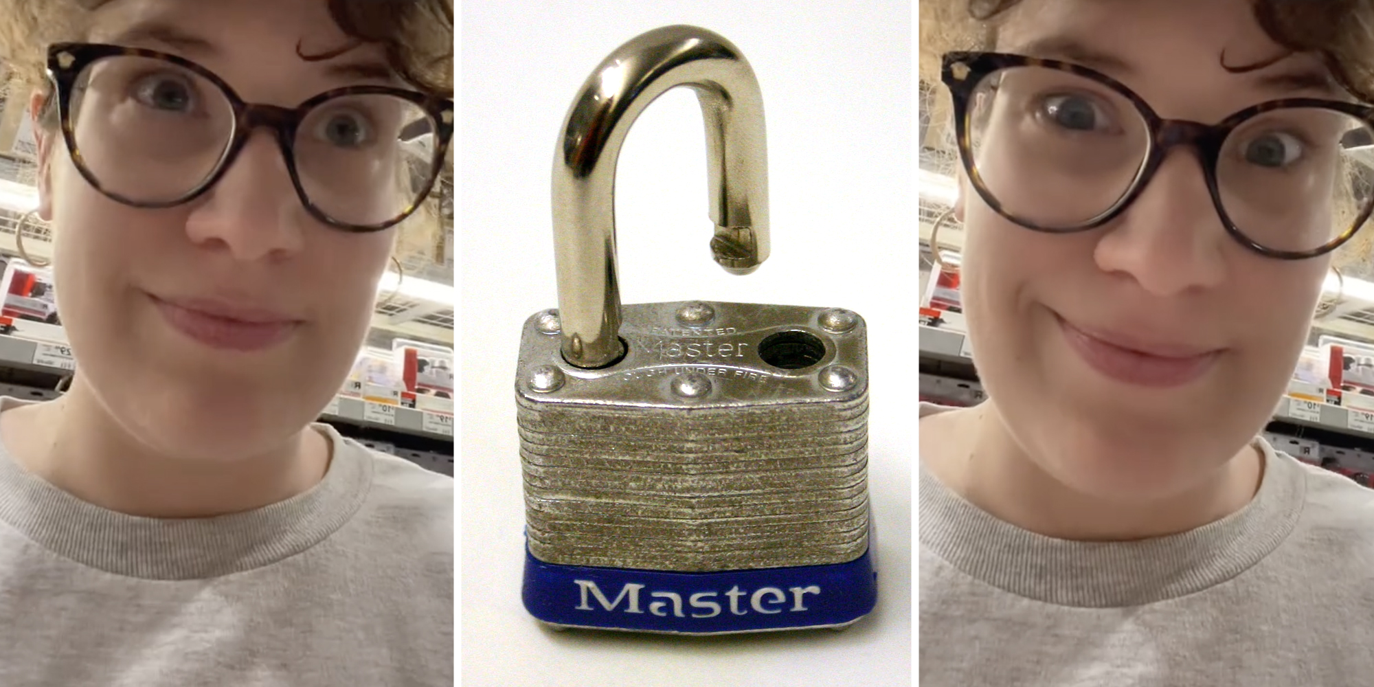 Woman smiling(l+R), Masterlock(c)