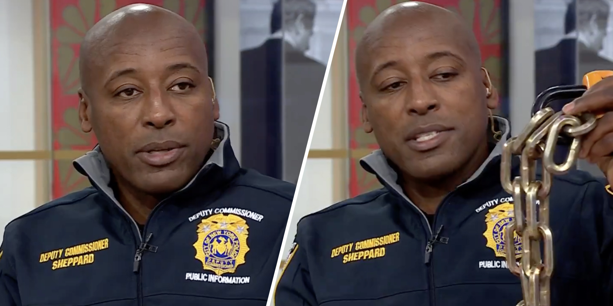 Deputy Talking and holding up bike chain (two split)