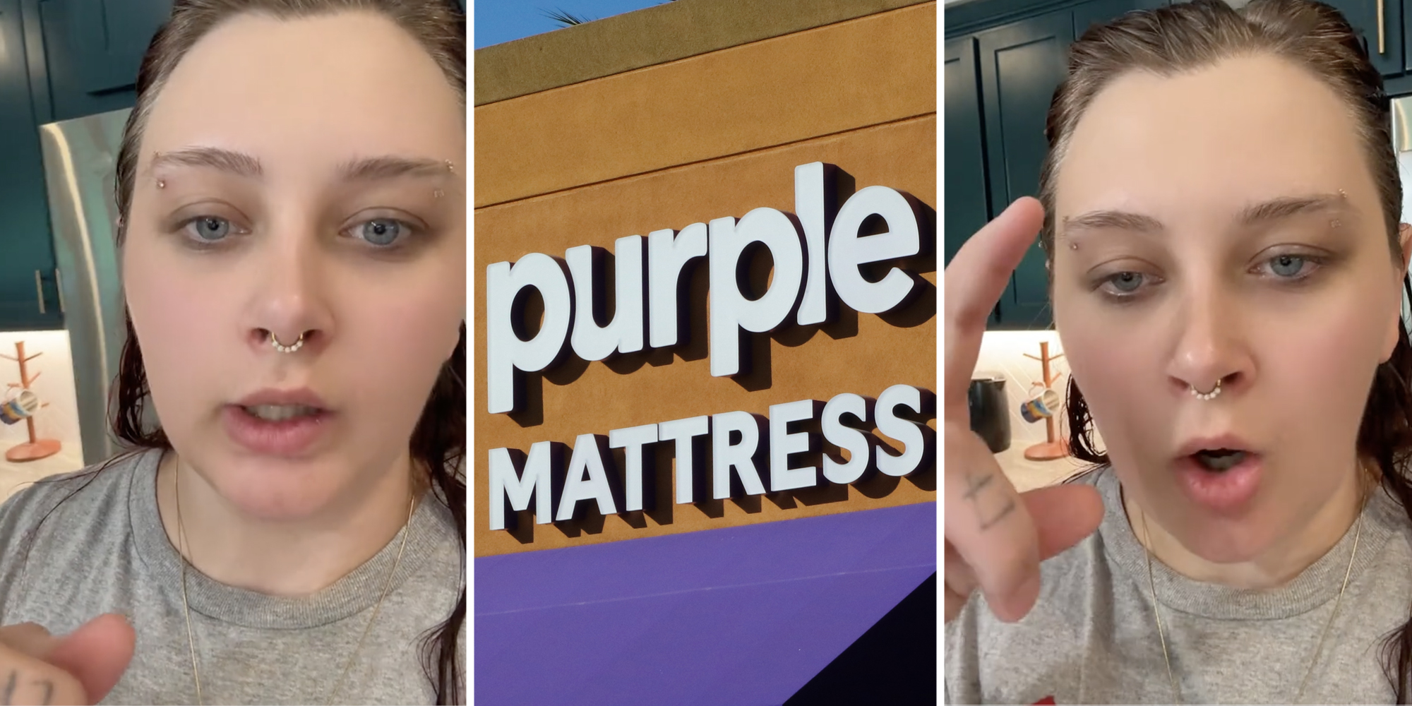 Woman talking(l+r), Purple Mattress sign(c)