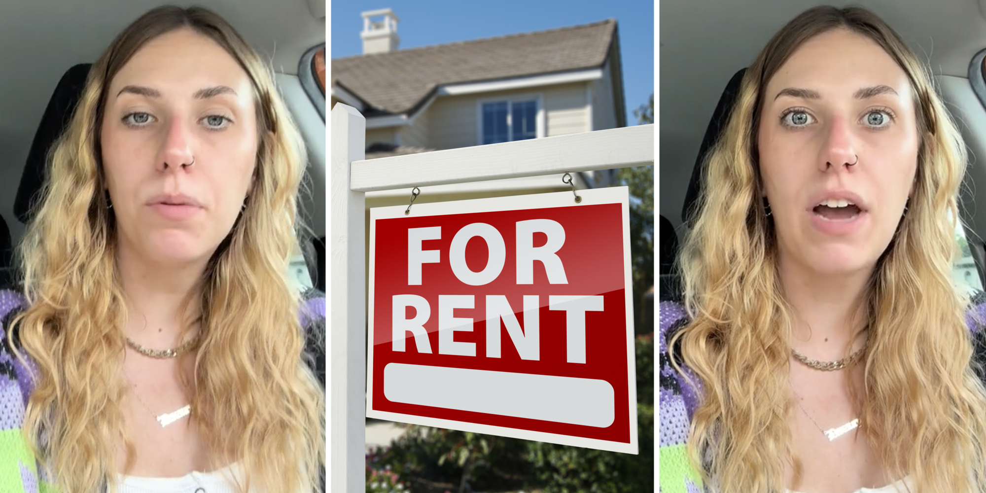 Woman talking(l+r), For rent sign(c)