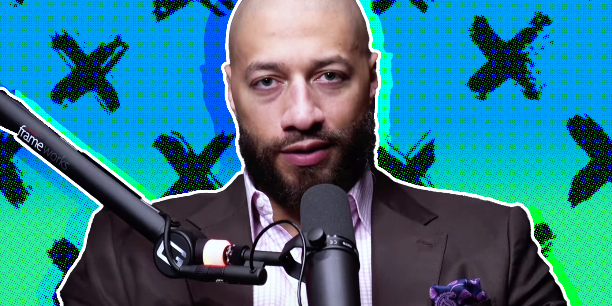 Royce White with mic and x's in background