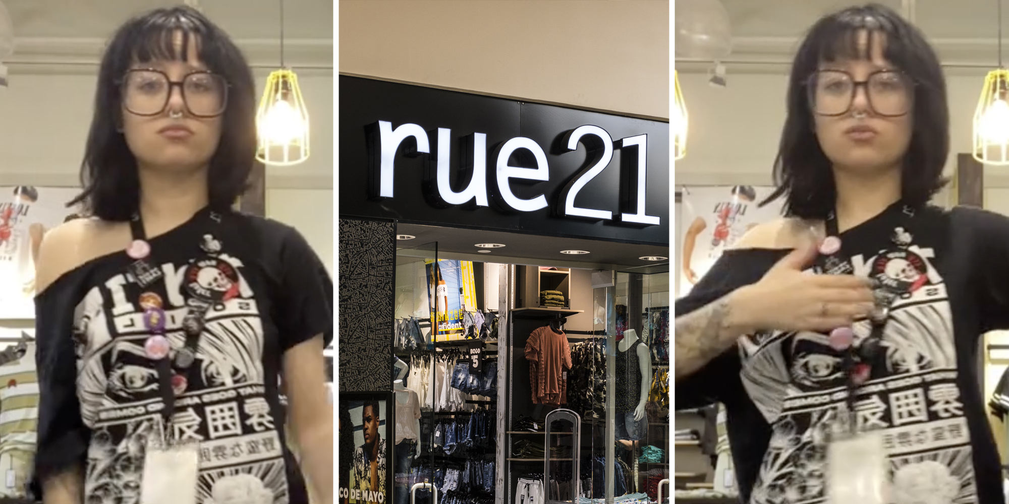 Woman staring at camera(l+r), Rue 21 (c)