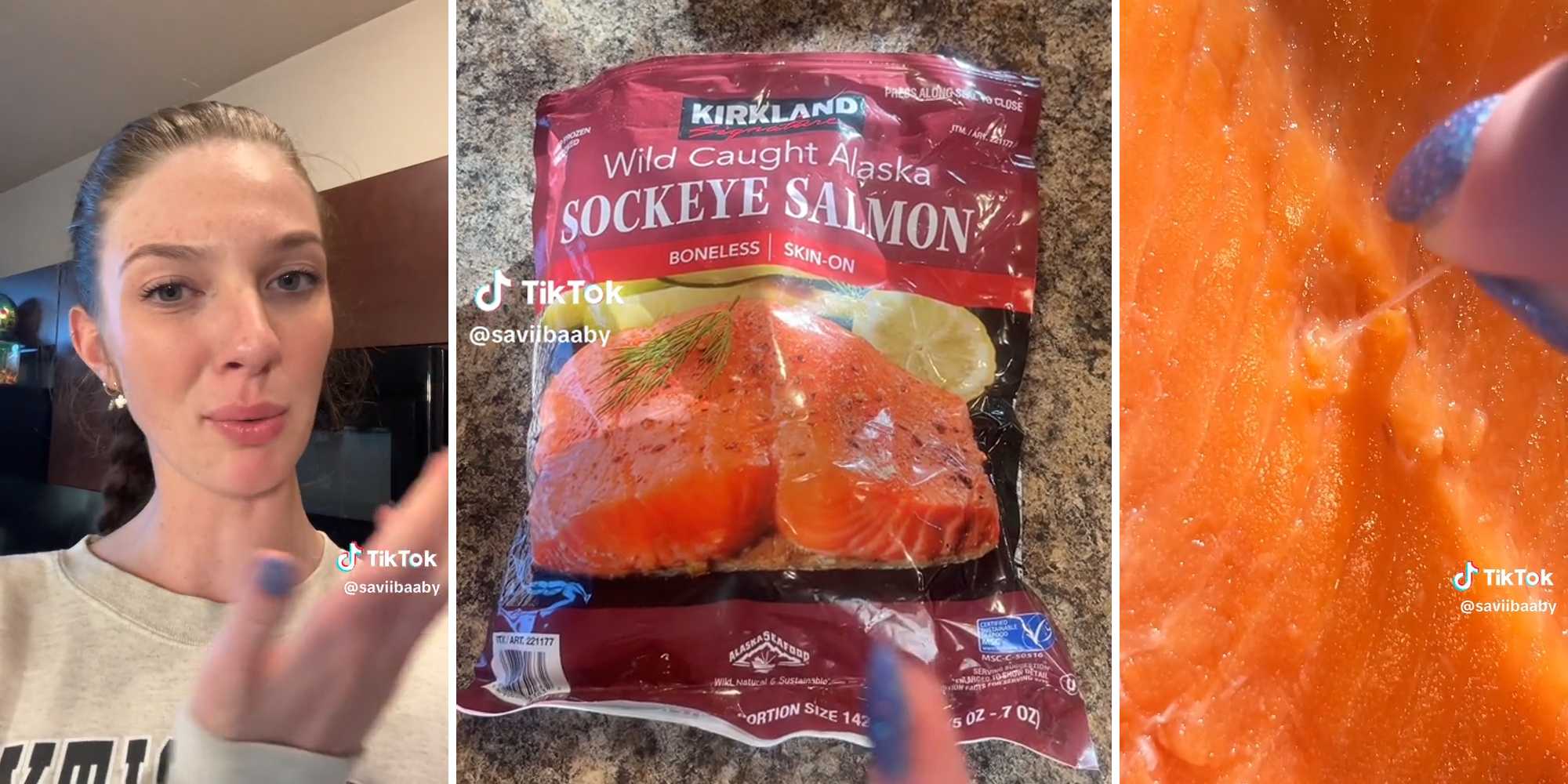 young woman (l) kirkland wild caught alaska sockeye salmon bag (c) woman pulling parasite from salmon (r)