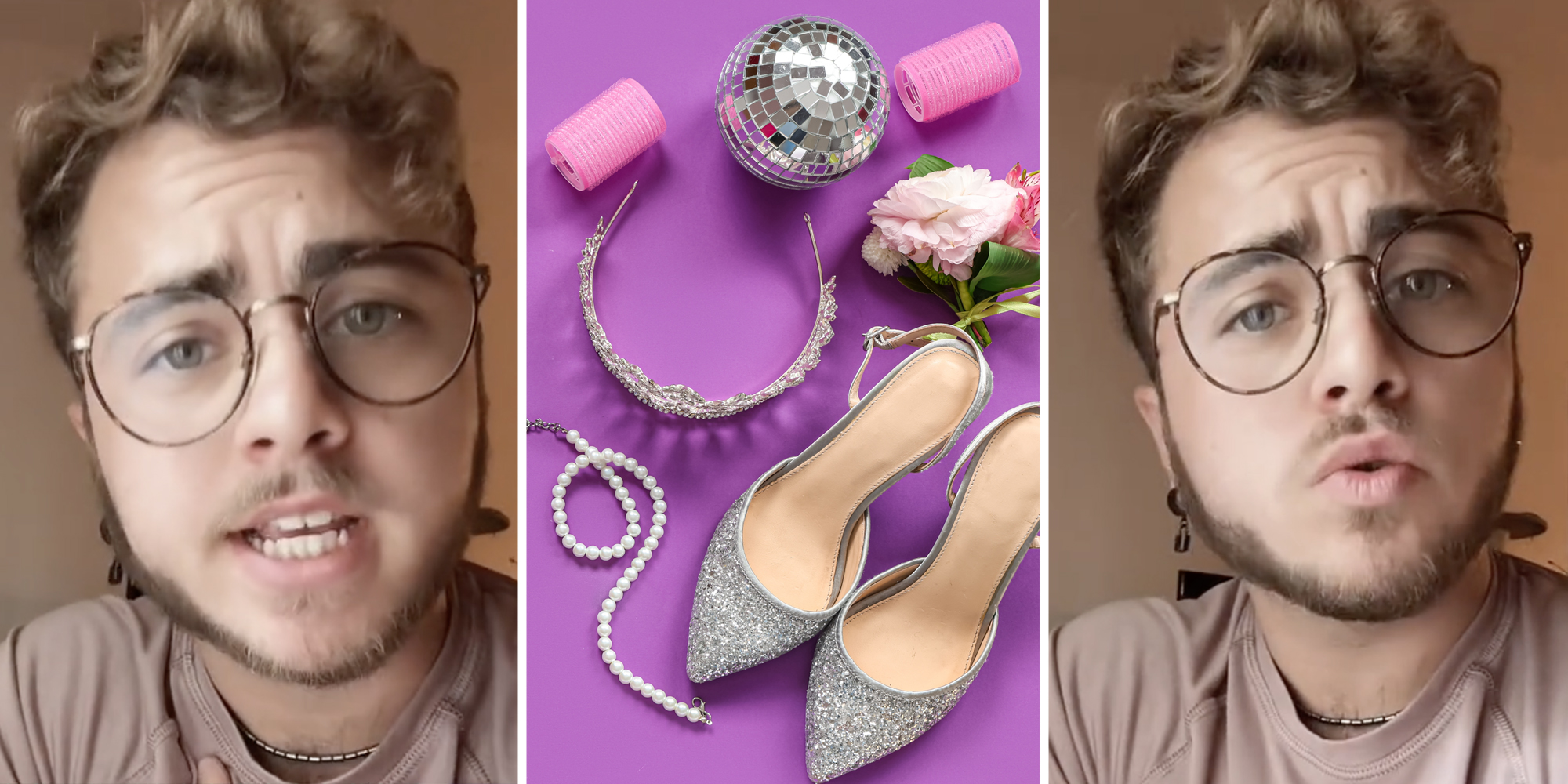 Man talking(l+r), Prom items like tiara, shoes, corsage and necklace(c)