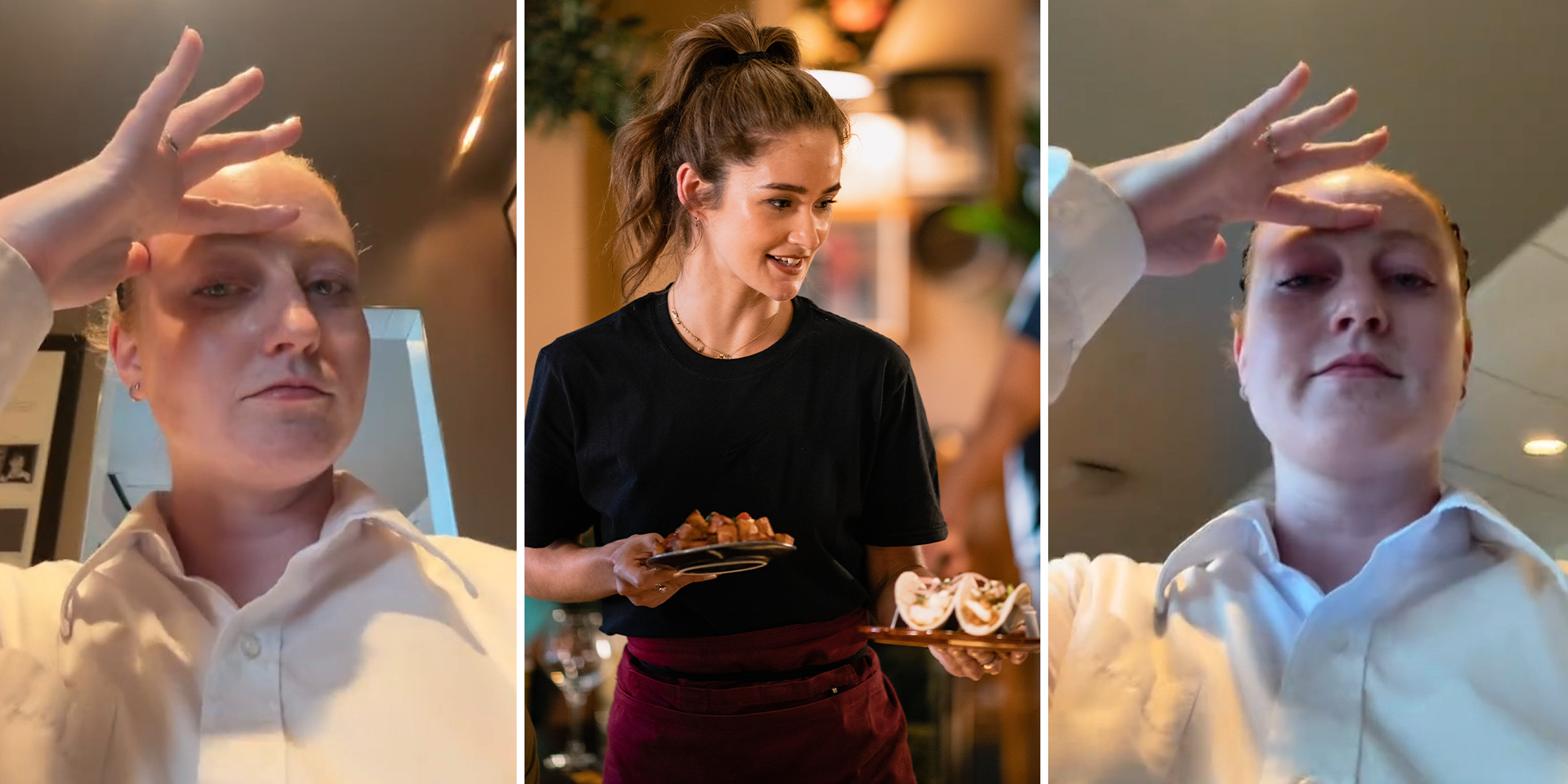 Restaurant server seats table for 2. She can’t believe who the man brought with him