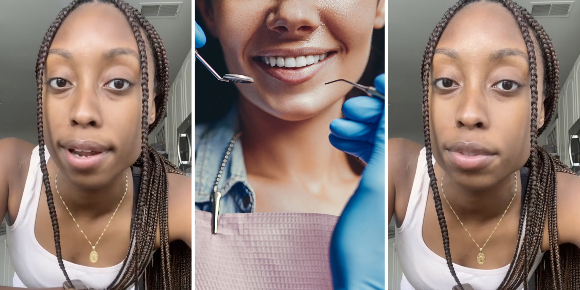 Woman talking(l+r), Blue gloved hands with dental tools near smiling mouth(c)