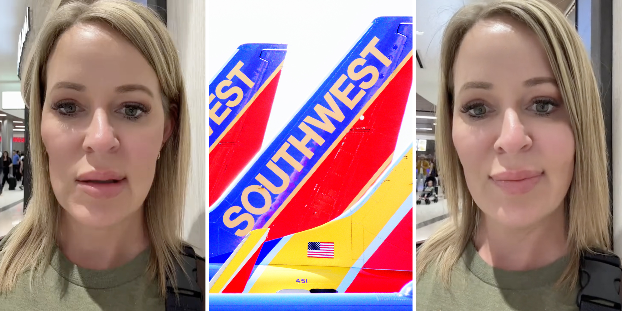 Woman talking(l+r), Southwest plane(c)