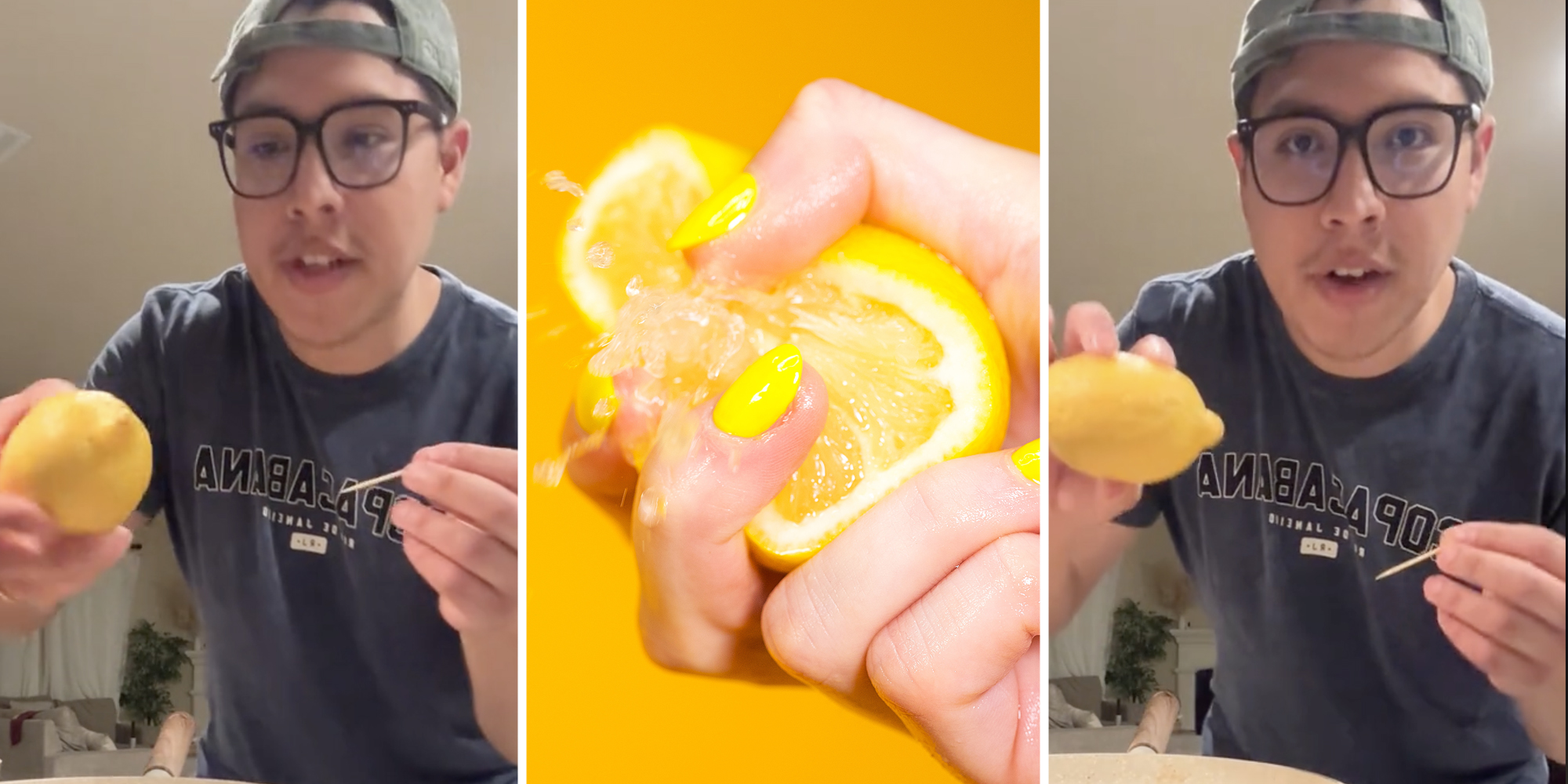Man holding lemon and toothpick(l+r), Hand squeezing lemon(c)